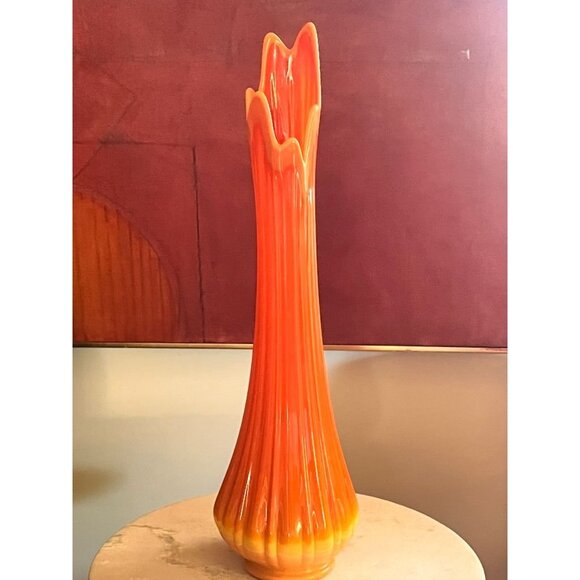 Vintage MCM L.E. Smith Bittersweet Ribbed Tall Vase 24" Orange Yellow - Picture 2 of 9